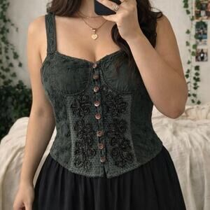 Vintage Boho Embroidered Corset Top Green Fairy Grunge Y2K Indie